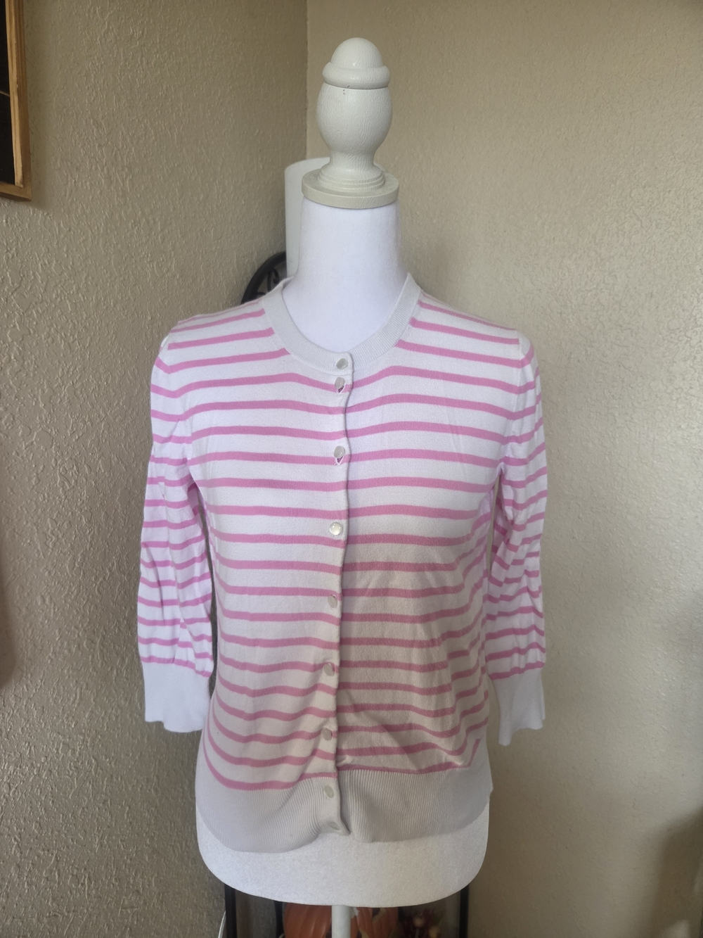 J. Crew Pink and White Striped Button-Front Cardigan